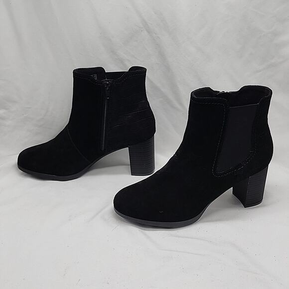 CLARKS BAYLA ROSE LEATHER SUEDE BLACK BOOTIES ALMOND TOE LADIES SIZE 8.5 NWOB - Picture 8 of 16
